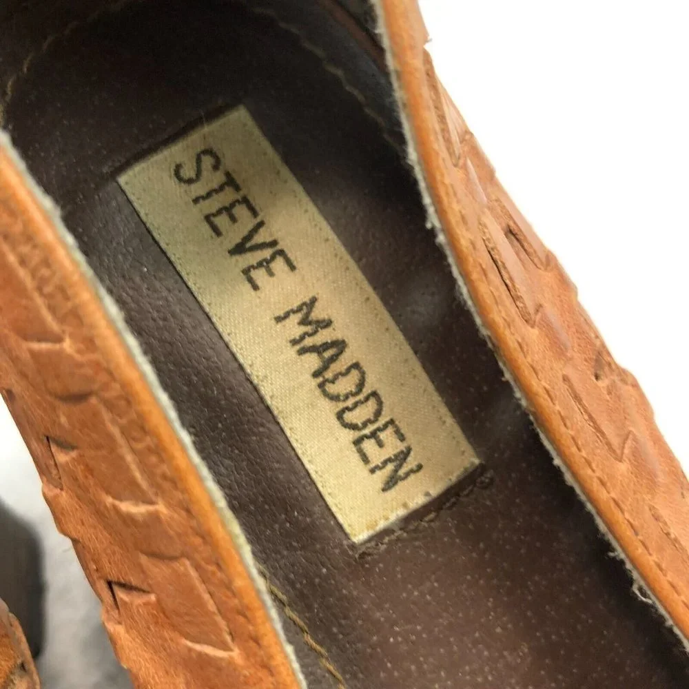 Steve Madden Brown Woven Leather Peep Toe Wedge Heels